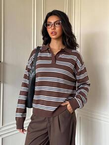 SHEIN EZwear 秋季新款女款學院風條紋針織上衣，適合日常通勤、約會、聚會，適用秋冬春夏，聖誕節、新年、感恩節、派對、婚禮、海灘、畢業典禮，時尚優雅休閒，適合出遊、約會、通勤，亮面，情人節 - 彩色 - 查看 1