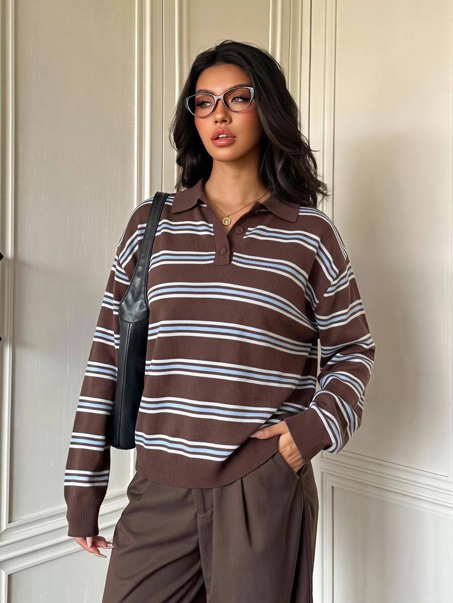 SHEIN EZwear 秋季新款女款學院風條紋針織上衣,適合日常通勤、約會、聚會,適用秋冬春夏,聖誕節、新年、感恩節、派對、婚禮、海灘、畢業典禮,時尚優雅休閒,適合出遊、約會、通勤,亮面,情人節 - 彩色 - 查看 1