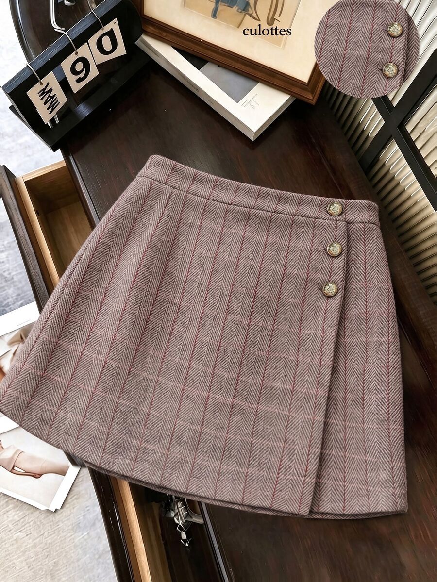 GlowEve CURVE Plus Size Woven Checkered Elegant Fall-Winter Full-Length Skirt - Brown - View 1