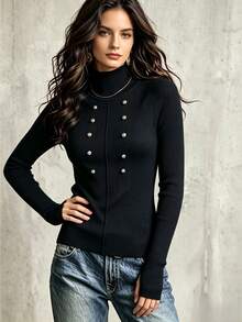 INAWLY Napoleon Style Metal Double-Breasted Commuter Versatile Street Fashion Knit Pullover Sweater - Black - View 4