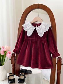 SHEIN Baby Girl Velvet Thick Long Sleeve Ruched Waist Lace Embroidered Peter Pan Collar Loose Long Dress Suitable For Winter Christmas - Burgundy - View 6