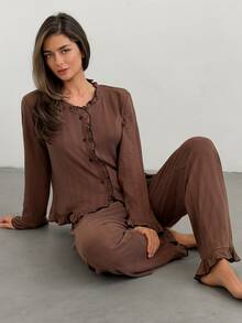 DAZY Women's Frill Trim Single-Breasted Top And Long Pants Pajama Set - Brown - View 11