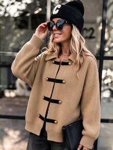 Balvessa Women's Autumn/Winter Button Design Dropped Shoulder Long Sleeve Knit Cardigan - Khaki - View 4