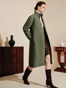 Arave Women's Coat Long Straight Quilted Geometric Ring Texture Stand Collar Button Placket Elegant Olive Green Geometric Fall Clothes For Women Christmas - Army Green - View 4