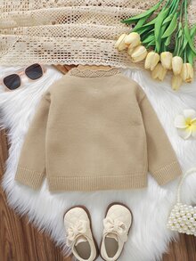 Souflis Souflis Baby Cardigan Girls Beige Long Sleeve Round Neck Floral Embroidered Button Front Knit Cardigan - Brown - View 2