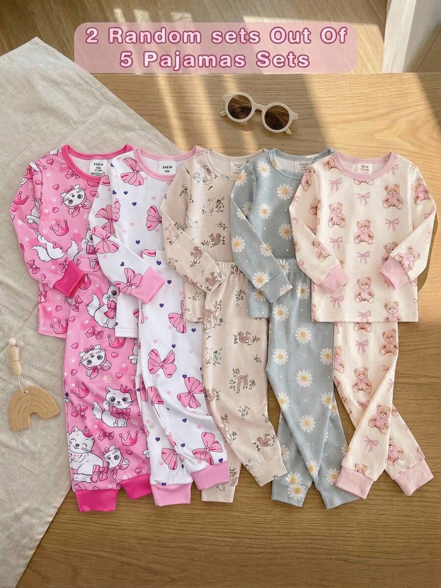 SHEIN 女嬰卡通印花長袖上衣與內搭褲2件式居家服套裝 - 粉色 - 查看 1