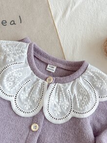 SHEIN 2件組女嬰針織開襟衫褲套裝，可愛駱駝色蕾絲花朵刺繡，長袖圓領，休閒正裝，適合秋季假期、萬聖節、聖誕節，優雅風格 - 紫色 - 查看 4