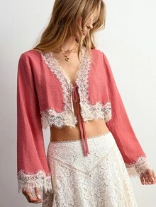Willow Rêve Women's Lace Patchwork Pink Front Tie Long Sleeve Cropped Shirt - Coral Pink - View 6