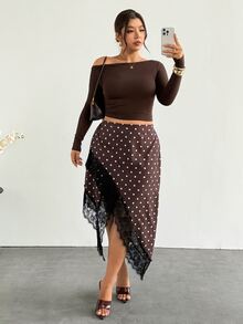 Firerie Plus Size French Polka Dot Lace Asymmetrical Hem Skirt - Brown - View 7