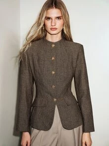 Aveloria Modichic Women's Jacket Padded Shoulder Cinched Waist Tweed Stand Collar Metal Button Slim Fit Flap Pockets Elegant Brown Herringbone Fall Clothes For Women - Multicolor - View 7