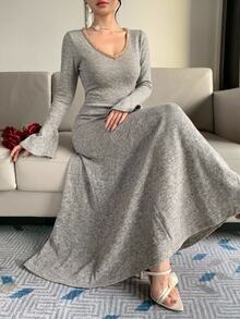 DAZY Women's Rhinestone Trim V-Neck Bell Sleeve Elegant Knit Dress - Apricot - View 1
