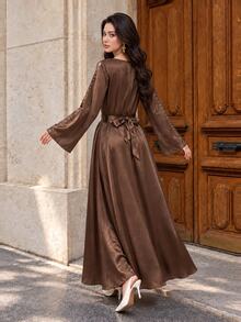 Graceveil Elegant Brown Textured Satin Long Sleeve Round Neck Tie-Front Arabian Dress, Embellished With Rhinestones At Neckline, Women's Luxury Robe - Brown - View 2