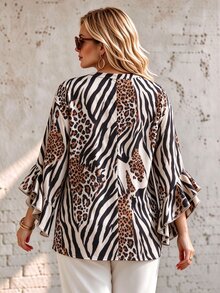 Ceyna Leopard Print Ruffle Trim 3/4 Sleeve V-Neck Plus Size Top, Suitable For Office Commute, Brunch Gatherings, Elegant Style Fall - Multicolor - View 2
