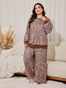 Lacomfia Women's Leopard Print Patchwork Loose Casual Versatile Comfortable Autumn/Winter Plus Size 2 Pieces Set - Multicolor - View 1