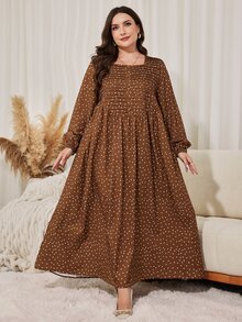 Lacomfia Plus Size Women's Polka Dot Pattern Lantern Sleeve Button Design Casual Dress - Brown - View 3