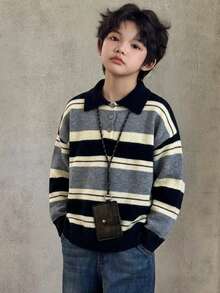 Dazy Kids Sweater Dalaman Lengan Panjang Tebal Berkerah Polo Warna Kontras untuk Anak Laki-laki (Ukuran Besar) Musim Gugur/Musim Dingin - Grey - View 3