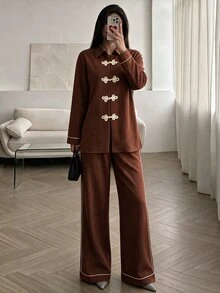 NOVVYNE Women's Brown Long Sleeve Frog Button Collar Knit Trim Commuter Casual Top And Straight Leg Pants 2pcs Set - Brown - View 9