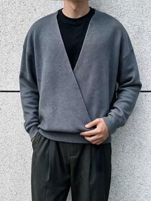 Manfinity Hypemode 男士純色落肩長袖疊領V領休閒毛衣，秋冬款 - 彩色 - 查看 4