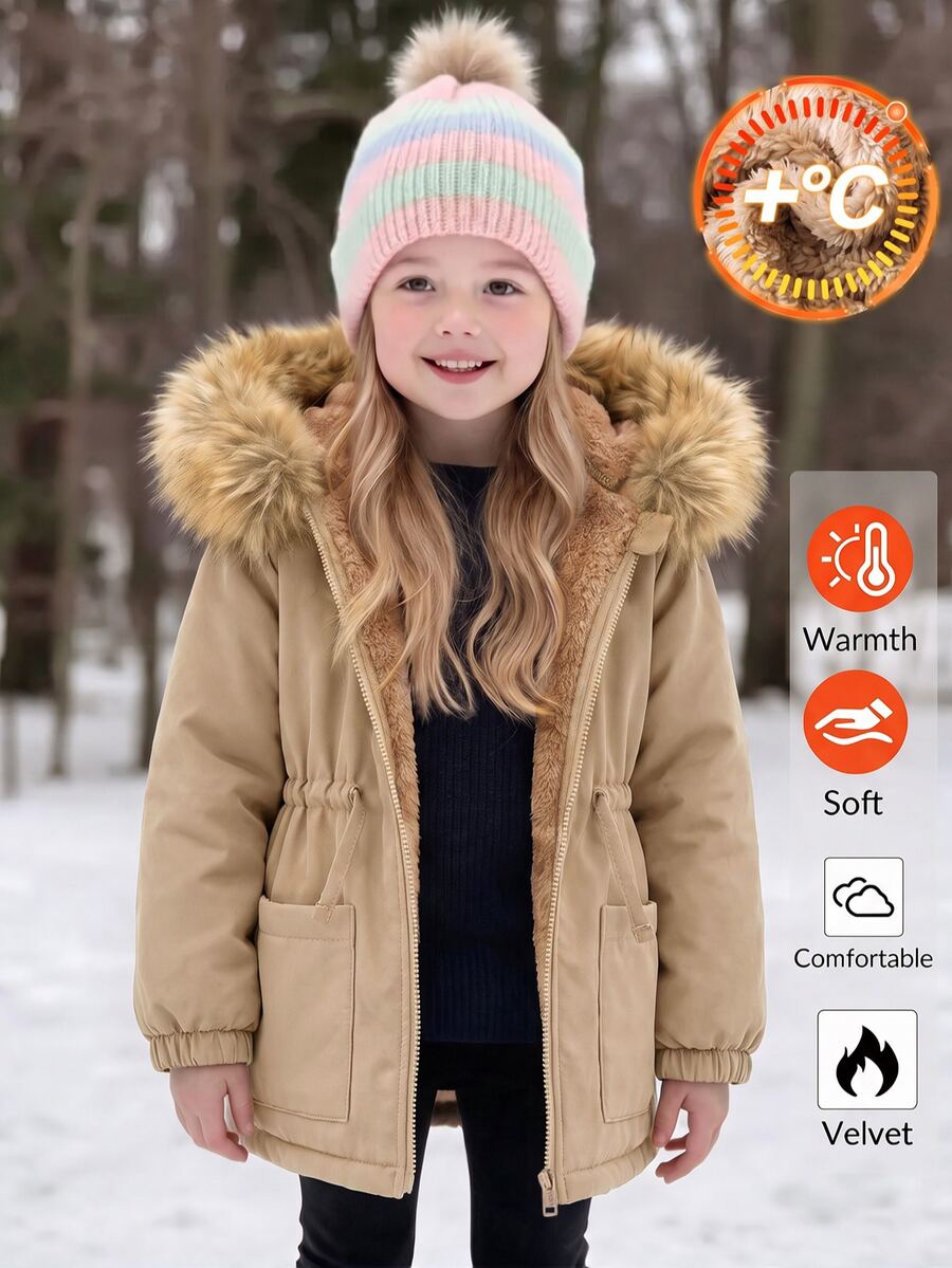 Baby Girl Plush Patchwork Thermal Lined Casual Versatile Long Sleeve Hooded Winter Jacket