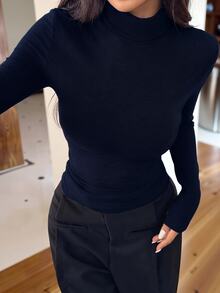 SHEIN EZwear Encore 酒紅色針織高領修身長袖 T-shirt 女款 高領上衣 休閒居家上班外出秋季休閒款 - 藏蓝色 - 查看 8
