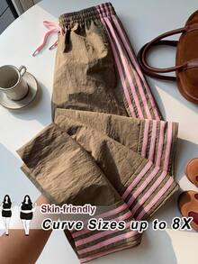 SHEIN CURVE+ Plus Size Women's Striped Colorblock Drawstring Waist Long Pants - Brown - View 1