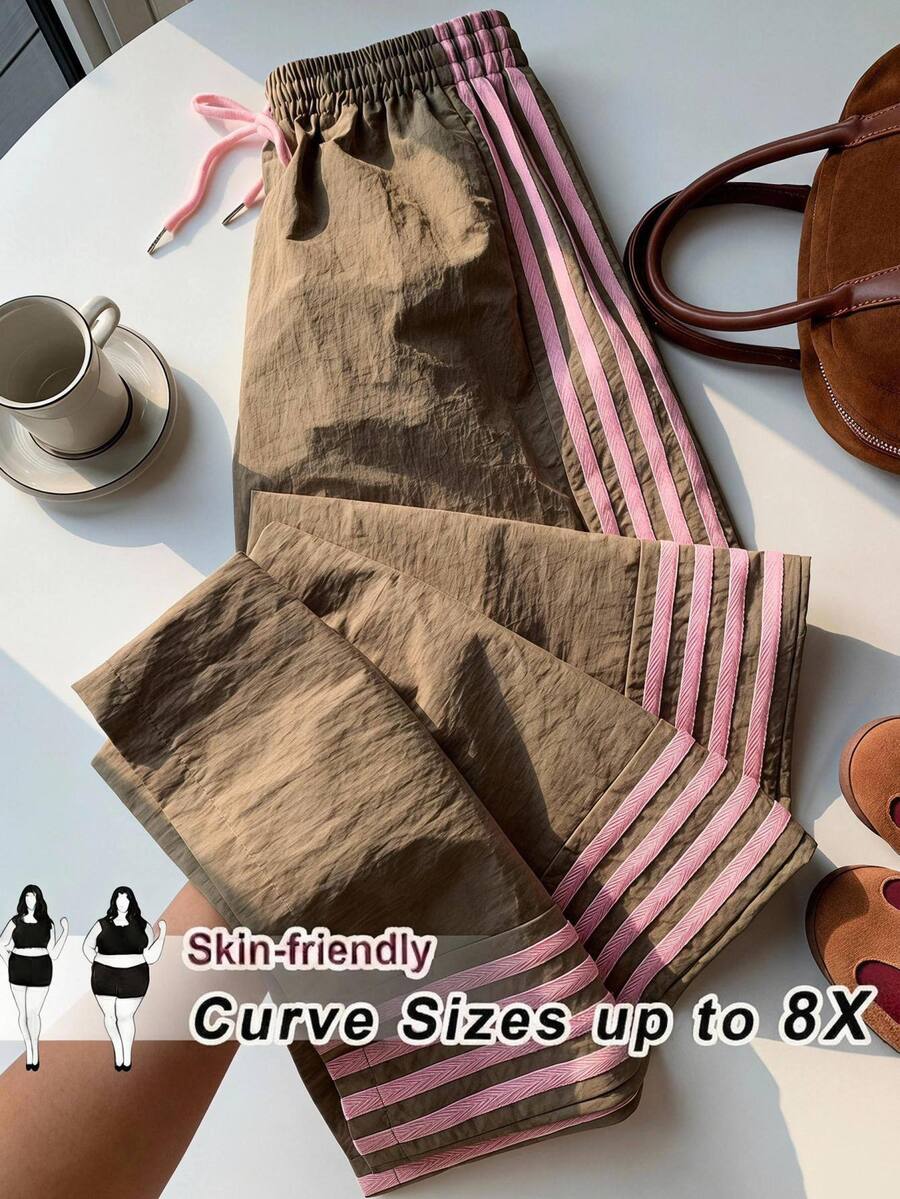 SHEIN CURVE+ Plus Size Women's Striped Colorblock Drawstring Waist Long Pants - Brown - View 1