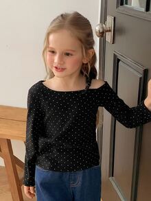 DAZY Young Girl Korean Style Polka Dot Print Cold Shoulder Long Sleeve T-Shirt - Black - View 7