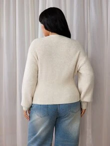Rustia Plus Size Women Knit Sweater, Draped Cowl Neck Lantern Long Sleeve Knitted Top, Ribbed Hem Slim Fit Solid Color Elegant Fall Winter Essential - Apricot - View 2