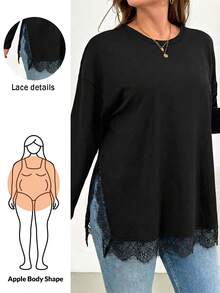 Shapeblank Women's Plus-Size Black Long-Sleeve T-Shirt – Stylish, Casual, Loose & Comfortable – Lace-Trim Hem – Autumn Everyday Wear,Going Out Tops.Fall Outfits - Black - View 1