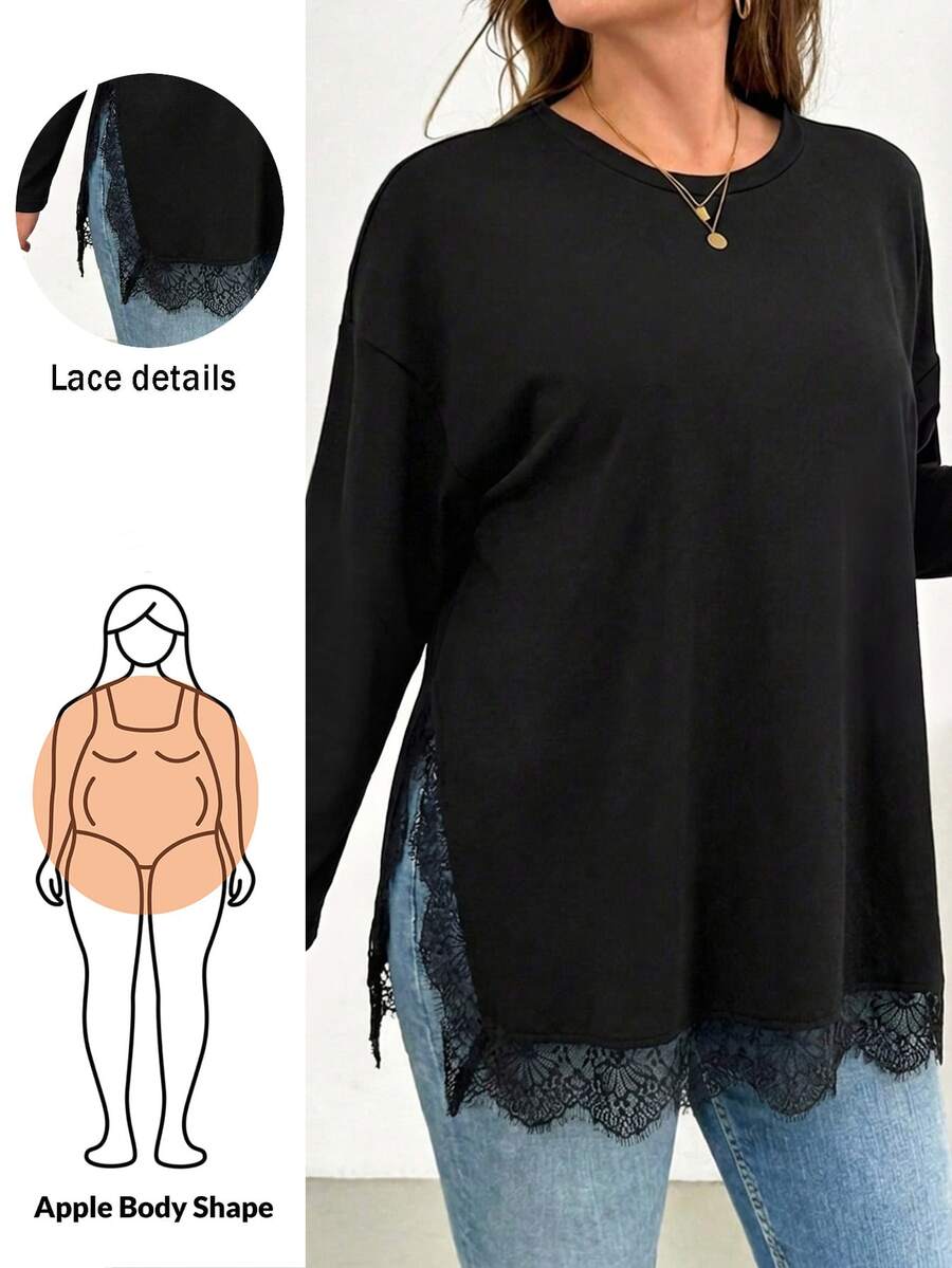 Shapeblank Women's Plus-Size Black Long-Sleeve T-Shirt – Stylish, Casual, Loose & Comfortable – Lace-Trim Hem – Autumn Everyday Wear,Going Out Tops.Fall Outfits - Black - View 1