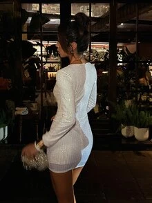 DAZY Women's Solid Color Sequin Long Sleeve Fitted Fashion Short Dress - Champagne - View 6