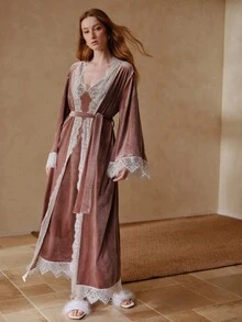 MOTF PREMIUM WOMEN'S ELEGANT LACE CUFF PATCHWORK NIGHTGOWN - Pink - View 4