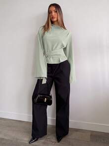 Aloruh Women's Solid Color Stand Collar Drop Shoulder Long Sleeve Waist Buckle Design Fashion Shirt - Green - View 5