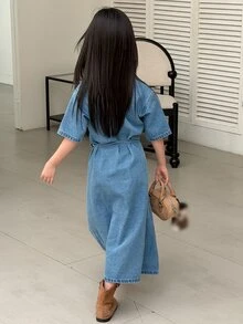 Dazy Kids Tween Girl) Denim Round Neck Long Sleeve Denim Short Sleeve Casual Washed Dress - Medium Wash - View 2