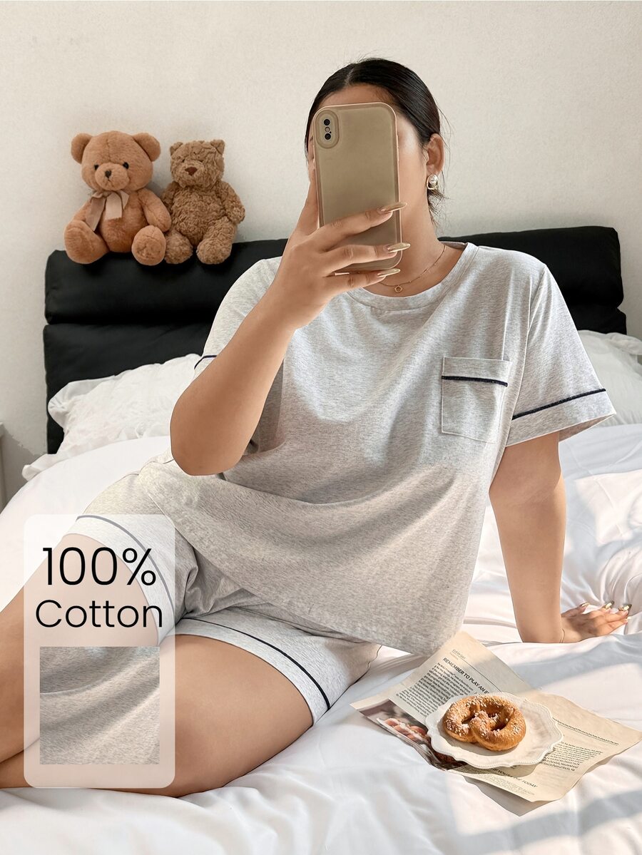 Napfluff CURVE Napfluff CURVE Plus Size Women's Knit Contrast Trim Round Neck Short Sleeve Shorts Pajama Set - Grey - View 1