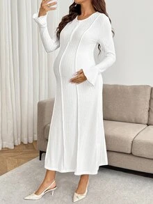 SHEIN Maternity Solid Color Round Neck Bell Sleeve Casual Dress Fall - White - View 1