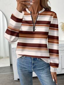 EMERY ROSE Textured Striped Print Zip-Up Round Neck Plus Size Women Sweatshirt Fall - Multicolor - View 3