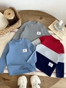 SHEIN 1pc Baby Boy Pullover Sweatshirt Preppy Red Blue Grey Letter Patch Ribbed Patchwork Long Sleeve Mock Neck Thickened Holiday Fall Jogging Cozy Basic - Navy Blue - View 8