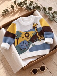 SHEIN Baby Boy Cartoon Animal Pattern Knitted Soft Round Neck Long Sleeve Pullover Sweater, Versatile And Comfortable - Multicolor - View 6