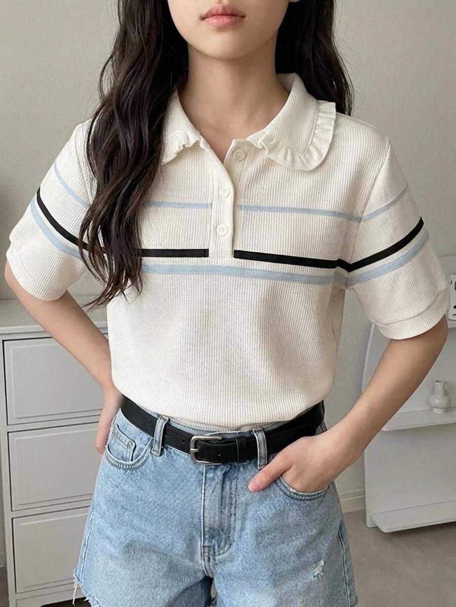 DAZY Basic Style Collared Striped Contrast Color Short Sleeve Top Girls (Large) T-Shirt - Beige - View 1