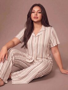 Lazeform Plus Size Fashionable Lapel Collar Minimalist Striped & Polka Dot Long Sleeve & Long Pants 2-Piece Pajama Set - Multicolor - View 1