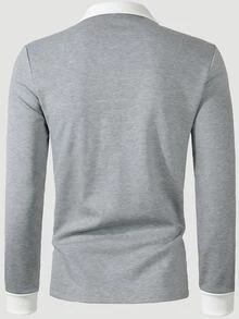 Manfinity Homme 男士拼色領長袖 Polo 衫，休閒外出款，適合丈夫，秋季，正式場合 - 灰色 - 查看 2