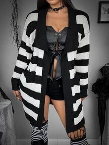 Whyspr Plus Size Women's Colorblock Casual Daily Cardigan - Dark Grey - View 7