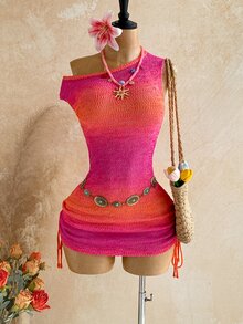 Soleia Women's Gradient Color Asymmetrical Shoulder Casual Daily Knit Dress - Multicolor - View 3