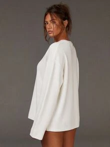 Athîral Women's Casual Round Neck Knitted Solid Color Soft Comfortable Long Sleeve Top T-Shirt 2pcs Set, Daily & Date Outfit - White - View 2
