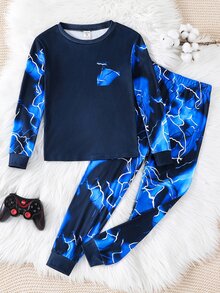 SHEIN Bộ đồ mặc nhà cho bé trai tuổi teen gồm áo tay dài đơn giản và quần dài ôm dáng - Nhiều màu - Xem 5