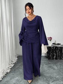 Firerie 大尺碼女款春/秋舒適休閒優雅度假居家垂領喇叭袖T恤與直筒鬆緊腰長褲兩件套 - 紫羅蘭色 - 查看 6
