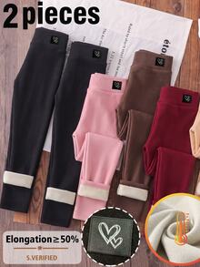 SHEIN 2pcs Girls' Autumn/Winter Bow Embroidered Pattern Fleece Leggings, Suitable For Daily Casual Wear - Multicolor - View 1