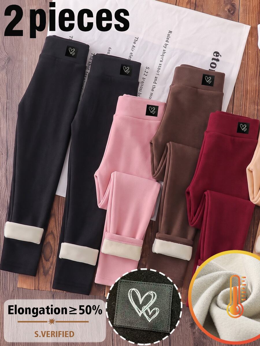 SHEIN 2pcs Girls' Autumn/Winter Bow Embroidered Pattern Fleece Leggings, Suitable For Daily Casual Wear - Multicolor - View 1