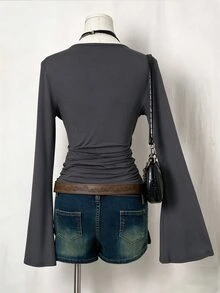 Elamini Autumn Fashion Solid Color Bell Sleeve Ruched Waist T-Shirt - Dark Grey - View 2